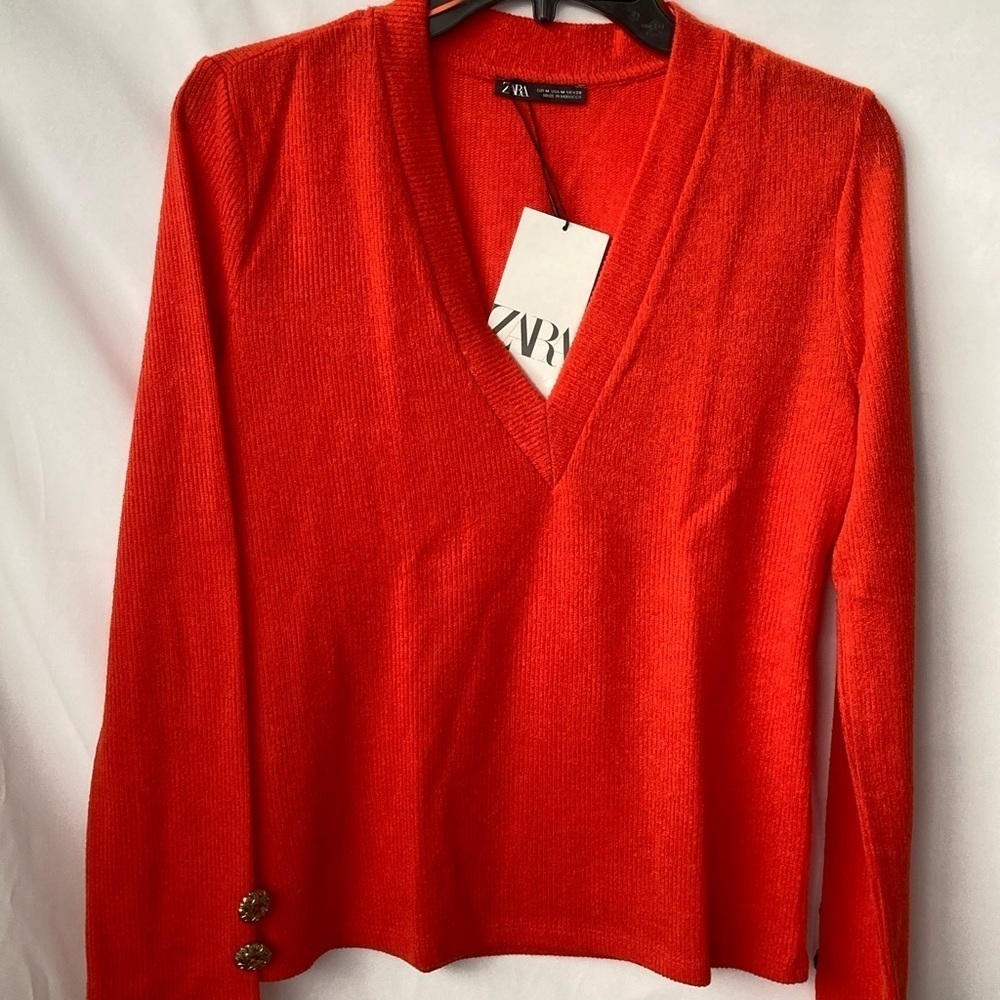 ZARA V Neck Long Sleeves Orange Sweater Medium